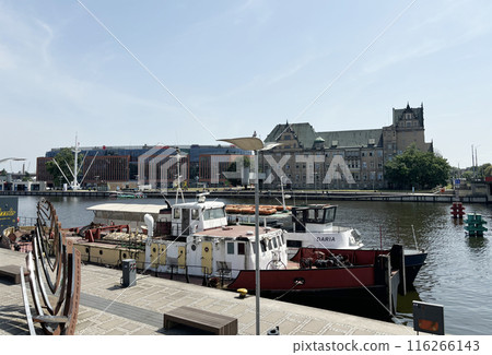 A view of the customs office building near the Oder River in the center of the city of Szczecin in northwestern Poland. 116266143