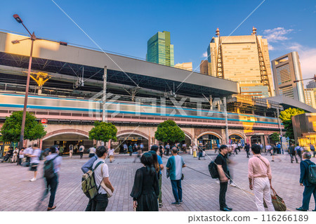 Tokyo cityscape in Japan in July. View of Shinbashi Station (Hibiya exit) and other areas. The buildings of Shiodome are in the background. (July 3rd) 116266189