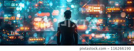 Selective focus of A businessman stands in front of a screen displaying digital media content, a holographic image that illuminates the background as a futuristic scene. Selective focus of A businessman stands in front of a screen displaying digital media content, a holographic image that illuminates the background as a futuristic scene. 116266190