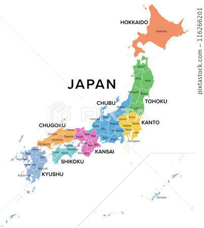 Japan, regions and prefectures, multi colored political map. The eight regions of Japan, divided into 47 prefectures, which are the first level administrative divisions of the unitary state. Vector 116266201