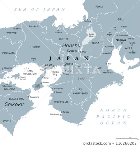Kansai region, or the Kinki region in Japan, gray political map. Southern-central region of the main island Honshu, consisting of the prefectures Hyogo, Mie, Nara, Osaka, Kyoto, Shiga, and Wakayama. 116266202