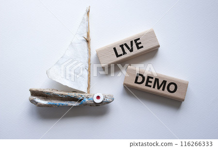 Live Demo symbol. Concept word Live Demo on wooden blocks. Beautiful white background with boat. Business and Live Demo concept. Copy space 116266333