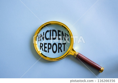 Incident Report symbol. Concept word Incident Report on magnifying glass. Beautiful blue background. Business and Incident Report concept. Copy space 116266356