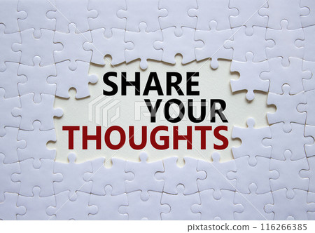 Share your Thoughts symbol. Concept words Share your Thoughts on white puzzle. Beautiful white background. Business and Share your Thoughts concept. Copy space. 116266385