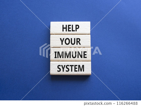 Immune System symbol. Wooden blocks with words Help Your Immune System. Beautiful deep blue background. Medicine and Help Your Immune System concept. Copy space. 116266488