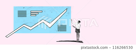 Woman showing rising graph on large blue board, highlighting key points. Business analysis, growth, and strategic insights. Clear, informative, and professional. Contemporary art collage. 116266530