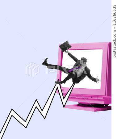 Businessman with briefcase falling into pink computer screen with rising graph line. Digital success and growth. Vibrant, dynamic, and modern. Contemporary art collage. 116266535