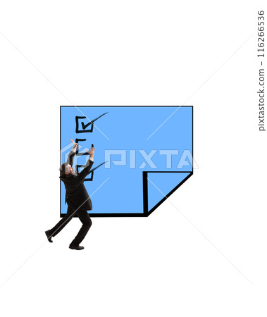 Businessman reaching towards checklist on blue sticky note. Task management, and goal setting. Organized, goal-oriented, and productive. Contemporary art collage. 116266536