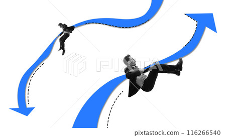 Businessmen in suits ride along dynamic blue arrows, symbolizing career paths. Progression and regression. Contemporary art collage. 116266540