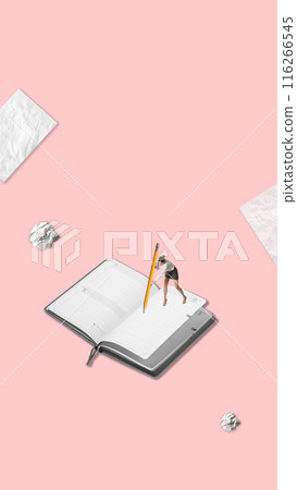 Woman with giant pencil making notes on open notebook, surrounded by crumpled paper. Brainstorming, planning, and creativity in business. 116266545