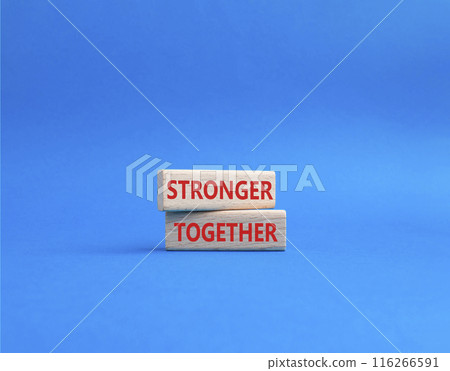 Stronger together symbol. Wooden blocks with words Stronger together. Beautiful blue background. Stronger together concept. Copy space. Stronger together symbol. Wooden blocks with words Stronger together. Beautiful blue background. Stronger together concept. Copy space. 116266591