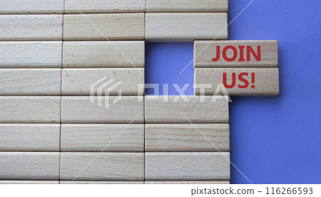 Join us symbol. Concept word Join us on wooden blocks. Beautiful purple background. Business and Join us concept. Copy space Join us symbol. Concept word Join us on wooden blocks. Beautiful purple background. Business and Join us concept. Copy space 116266593