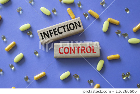 Infection Control symbol. Concept word. Infection Control on wooden blocks. Beautiful purple background with pills. Medicine and Infection Control concept. Copy space 116266600
