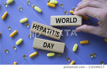 World Hepatitis Day symbol. Concept words World Hepatitis Day on wooden blocks. Beautiful purple background with pills. Doctor hand. Healthcare and World Hepatitis Day concept. Copy space. World Hepatitis Day symbol. Concept words World Hepatitis Day on wooden blocks. Beautiful purple background with pills. Doctor hand. Healthcare and World Hepatitis Day concept. Copy space. 116266617