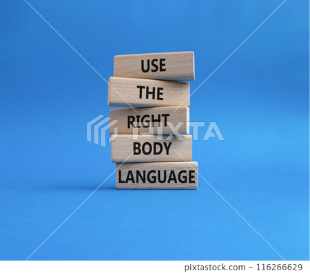 Use the right Body Language symbol. Concept words Use the right Body Language on wooden blocks. Beautiful blue background. Business concept. Copy space 116266629
