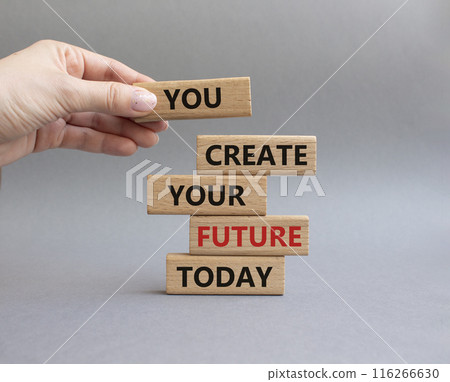 Future and development symbol. Wooden blocks with words You Create your Future today. Businessman hand. Beautiful grey background. Business and Future and development concept. Copy space. Future and development symbol. Wooden blocks with words You Create your Future today. Businessman hand. Beautiful grey background. Business and Future and development concept. Copy space. 116266630
