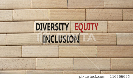 Diversity Equity Inclusion symbol. Concept words Diversity Equity Inclusion on wooden blocks. Beautiful wooden background. Business and Diversity Equity Inclusion concept. Copy space 116266635