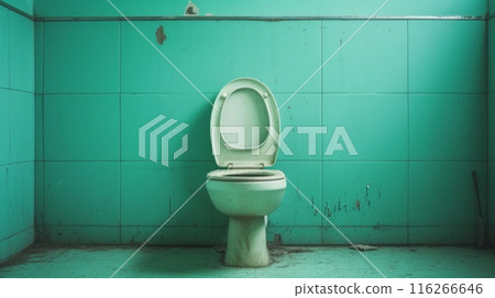 A lone toilet sits in a room with turquoise tile walls. The toilet is white and appears to be old and unused 116266646