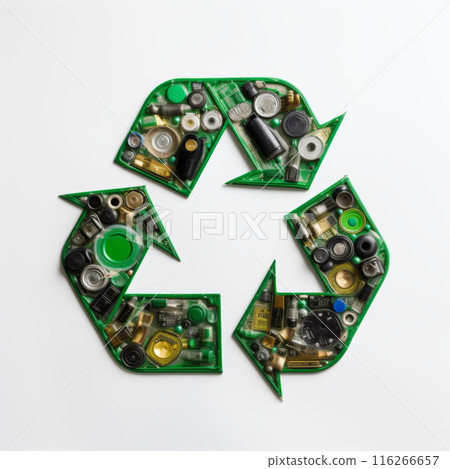 A green recycling symbol is created using a variety of electronic waste, highlighting the potential for reuse and reducing landfill waste 116266657