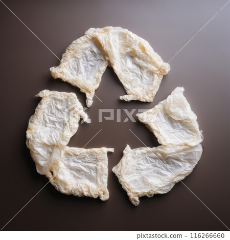 White plastic bags arranged in a recycling symbol on a brown background. The crinkled bags create an interesting and symbolic image of recycling 116266660