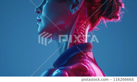 A close-up portrait of a woman with her spine visible under neon pink and blue lights 116266668