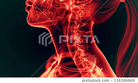 A red x-ray illustration of a human female cervical spine. The spine is highlighted in red against a black background 116266669