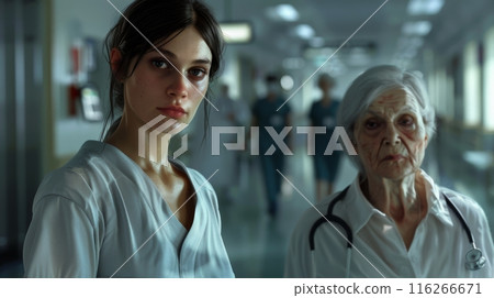 Young nurse and an elderly doctor stand in a hospital corridor, their expressions suggesting a shared understanding of the challenges and rewards of their profession 116266671