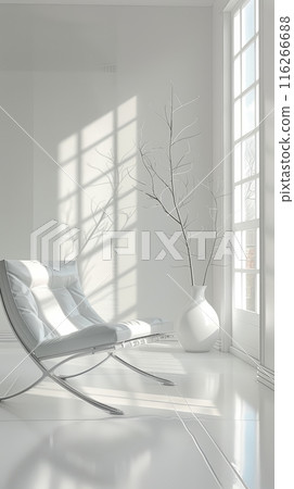A white modern chair sits in a room with a large window, with sunlight streaming in A white modern chair sits in a room with a large window, with sunlight streaming in 116266688