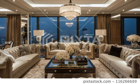 A luxurious living room with plush furniture and a stunning city view at night A luxurious living room with plush furniture and a stunning city view at night 116266689