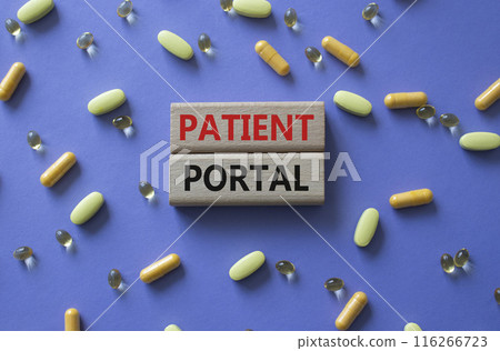 Patient Portal symbol. Concept word Patient Portal on wooden blocks. Beautiful purple background with pills. Medicine and Patient Portal concept. Copy space Patient Portal symbol. Concept word Patient Portal on wooden blocks. Beautiful purple background with pills. Medicine and Patient Portal concept. Copy space 116266723