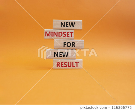 Mindset symbol. Wooden blocks with words New Mindset new Result. Beautiful orange background. Business and New Mindset new Result concept. Copy space. 116266775