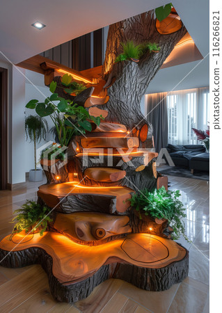Selective focus of staircase made of wood with lights, tree trunk staircase design home interior decoration. Selective focus of staircase made of wood with lights, tree trunk staircase design home interior decoration. 116266821