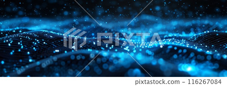 Abstract Blue Dots Forming Digital Waves. Blue dots forming digital waves on a dark background, creating an abstract and futuristic representation of technology and data flow. Banner with copy space 116267084