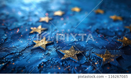Golden Stars on Textured Blue Background. Golden stars scattered on a textured blue background, creating a dreamy and festive visual with sparkling accents. Golden Stars on Textured Blue Background. Golden stars scattered on a textured blue background, creating a dreamy and festive visual with sparkling accents. 116267085
