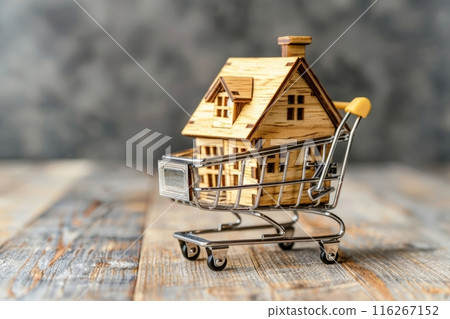 Wooden house model in a shopping cart on a wooden surface. Real estate and home buying concept. 116267152
