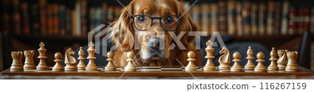 Golden retriever wearing glasses looking at chessboard. Studio pet portrait. Dog playing chess concept. Banner with copy space Golden retriever wearing glasses looking at chessboard. Studio pet portrait. Dog playing chess concept. Banner with copy space 116267159
