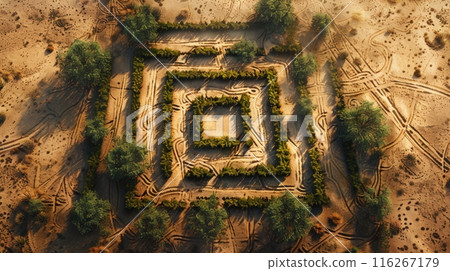 Aerial view of square maze in desert landscape. Adventure and exploration concept. 116267179