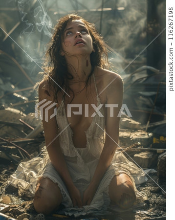 Distressed Woman in Post-Apocalyptic Setting. A woman in tattered clothing kneels amidst a smoky, debris-filled post-apocalyptic environment, looking up in despair. 116267198