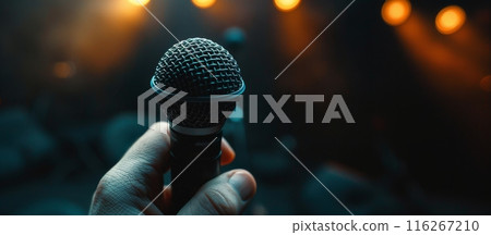 Hand Holding Microphone on Stage. Close-up of a hand holding a microphone on stage with warm lights in the background, ready for a performance. Banner with copy space 116267210