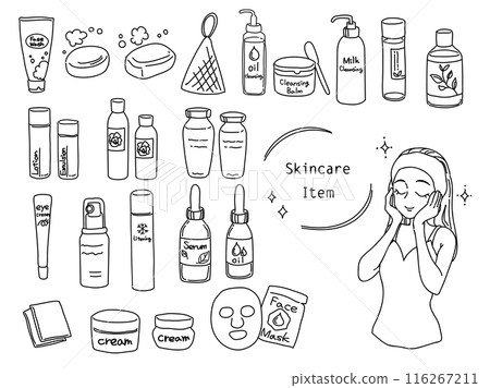 Skin care products and women illustration set (line drawing) Skin care products and women illustration set (line drawing) 116267211