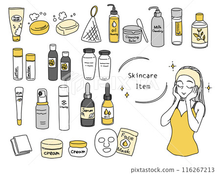 Skin care products and woman illustration set (yellow) Skin care products and woman illustration set (yellow) 116267213