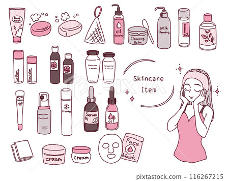 Skin care products and woman illustration set (pink) 116267215