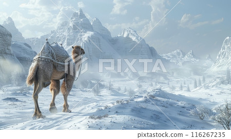 Camel in Snowy Mountain Landscape. Camel traversing a snowy mountainous landscape, combining the unusual elements of desert animal and winter scenery. Banner with copy space Camel in Snowy Mountain Landscape. Camel traversing a snowy mountainous landscape, combining the unusual elements of desert animal and winter scenery. Banner with copy space 116267235