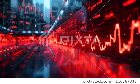 Digital Financial Graph with Red Data. A close-up view of a digital financial graph in red, set against a futuristic urban background depicting stock market trends. 116267335