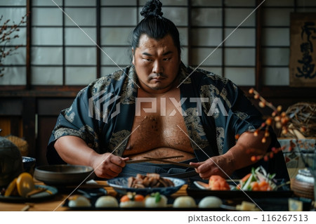 Sumo wrestler sitting at a table with traditional Japanese food. Cultural heritage and dining concept. 116267513
