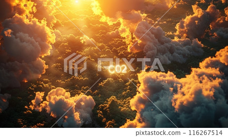 Sunlit clouds with CO2 text above a forest. Environmental impact and climate change concept. Aerial photography. 116267514