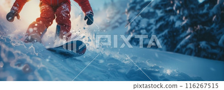 Close-up of a snowboarder in red gear riding through snow. Winter sports and adventure concept. Action sports photography. Banner with copy space 116267515