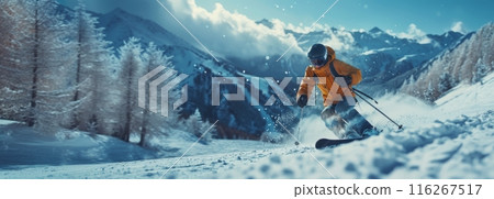 Skiing Down Mountain in Winter. Skier in orange jacket descending a snowy mountain slope, surrounded by winter landscape and trees. Banner with copy space 116267517