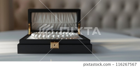 Pearl necklace in black jewelry box on white table. Banner with copy space 116267567