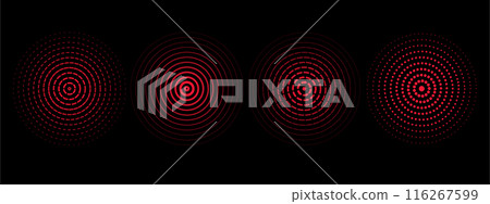Set of red sound wave rings of discontinuous lines and dots.  Rings with radial lines. Target icon, epicenter.  Concentric vortex circles. Vector illustration on black background 116267599